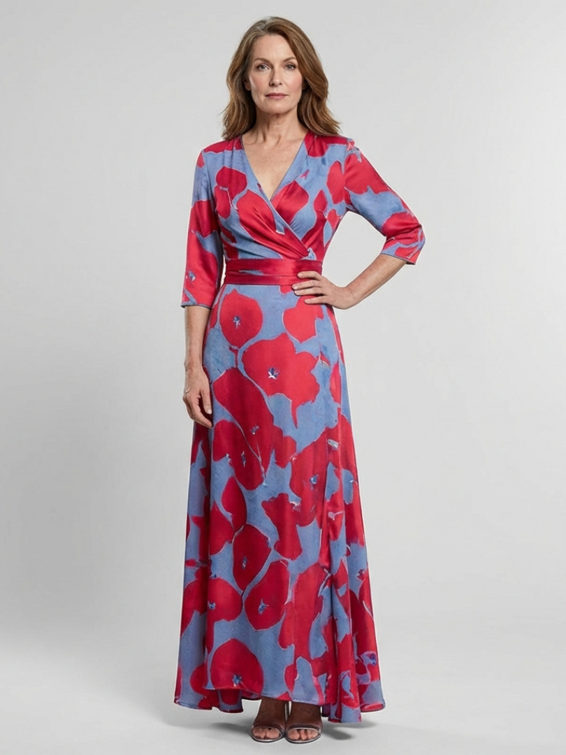 Danielle | Vestido Maxi Floral con Manga Tres Cuartos y Escote en V